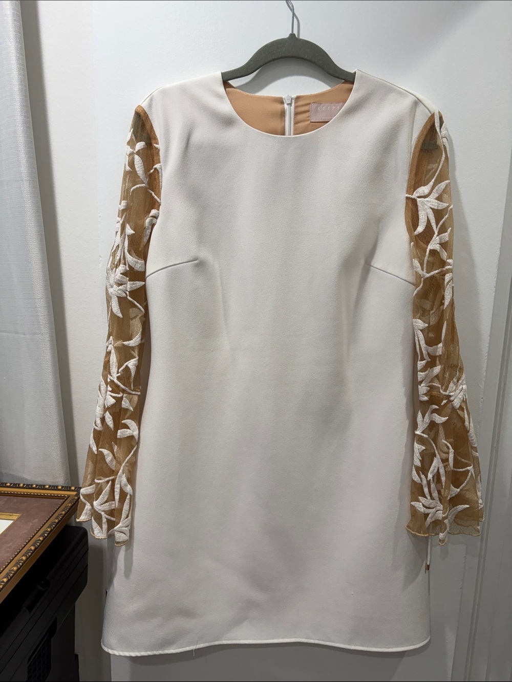 KEEPSAKE the Label Ivory Dress with Tan Sheer Embroidered Sleeves